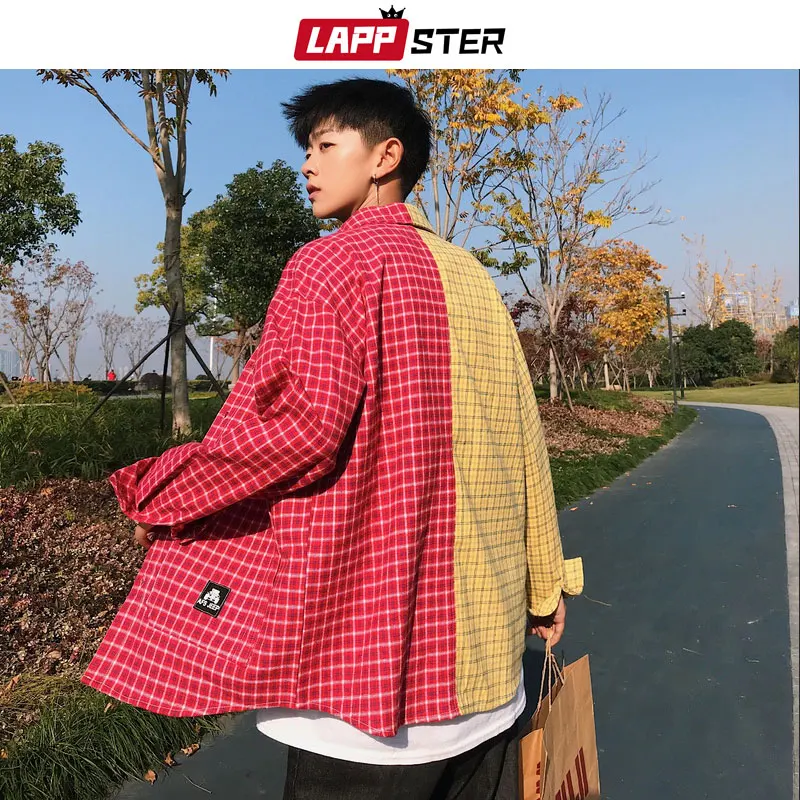 LAPPSTER/мужские клетчатые рубашки для Pathwork, мужские корейские модные рубашки с длинными рукавами, уличная рубашка в стиле хип-хоп, цвет блок, желтая рубашка 3XL