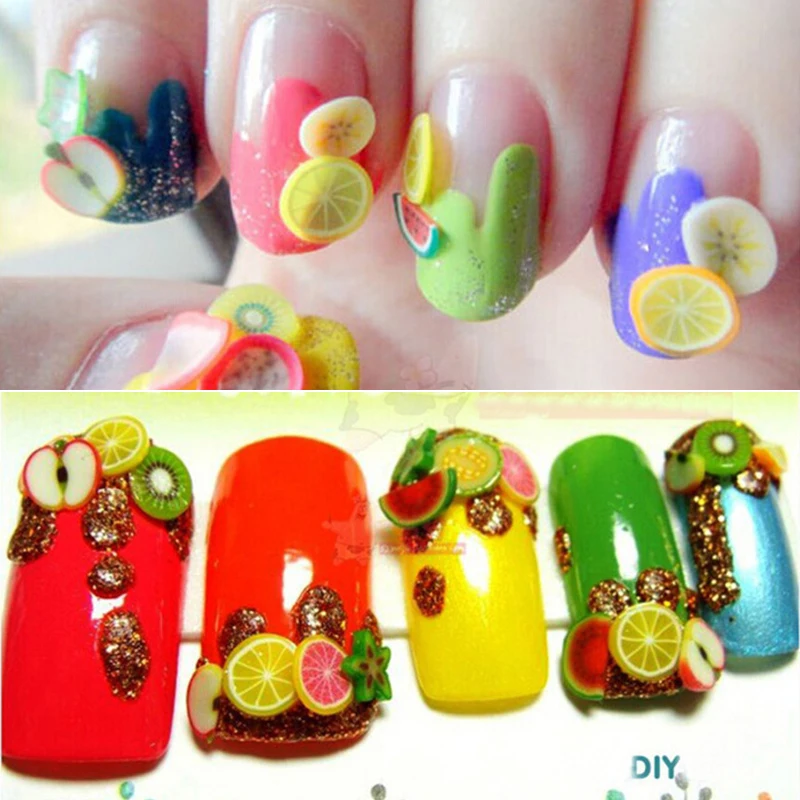 

1000pcs/pack Nail Art 3D Fruit Feather Heart Flower Candy Mixed Designs Tiny Fimo Slices Polymer Clay Nail Sticker