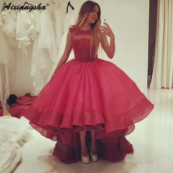 

Arabic 2019 Wine Red High Low Evening Dresses Scoop Ball Gown Sleeveless Arabic Formal Party Long Gown Plus Size Custom Made
