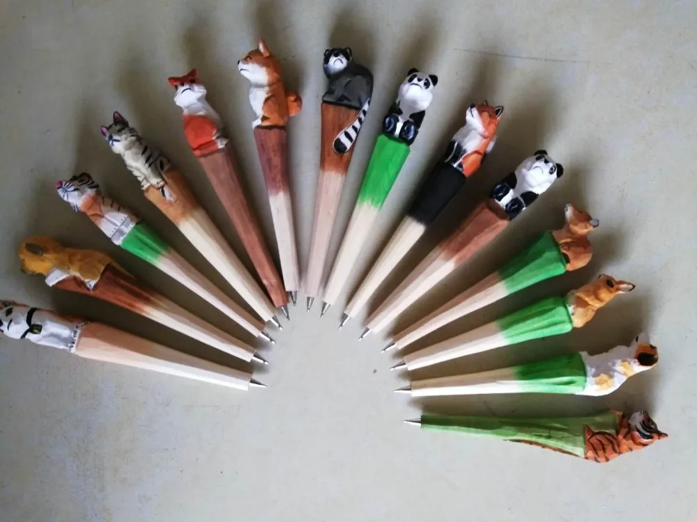 

20PCS New Arrival Wood Carving Craft Ballpoint Pen Cute Cartoon Colored Drawing Handmade Animal Pen Promotional Wood Gift Pen