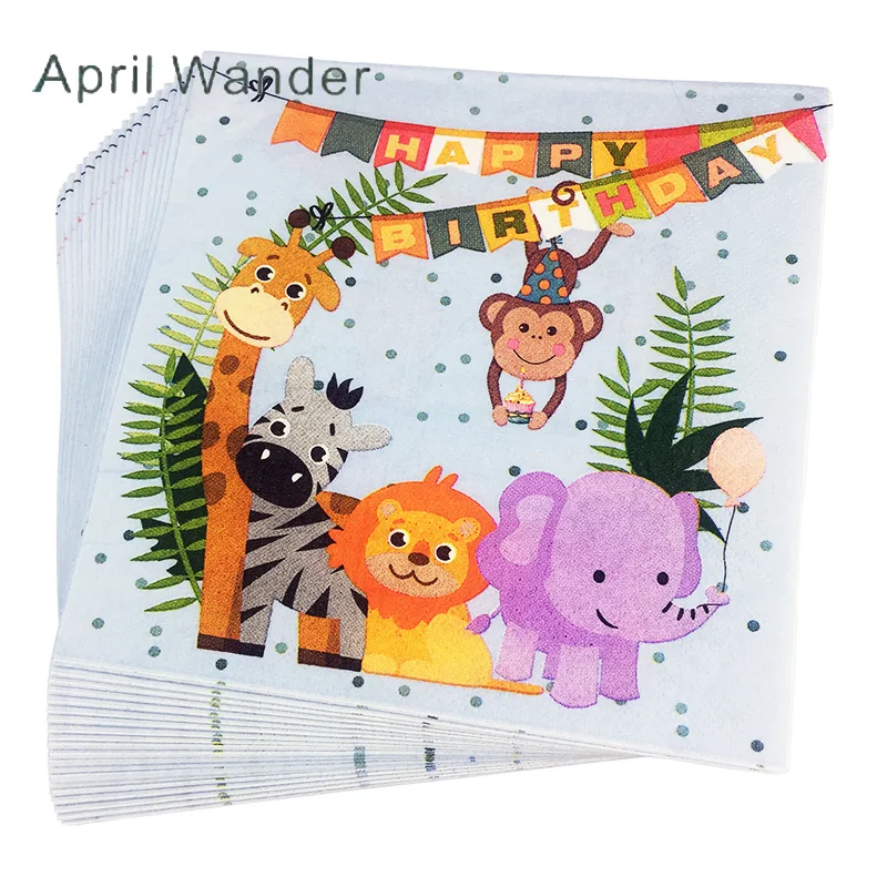 

20pcs/lot Lovely Elephant/giraffe/Lion paper napkins for kids happy birthday party supplies zoo party napkins table dinner paper