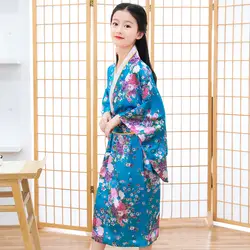 Элегантный длинный рукав халат для девочки платье Классический японское кимоно юката с Оби с цветочным принтом Винтаж платье для танцев