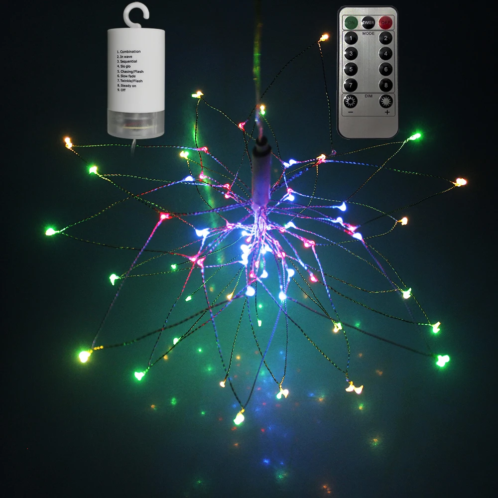 

100 LED Remote Control Hanging-up Starburst Fairy String Light Battery Copper DIY Explosion Firework Christmas Bar Xmas Star