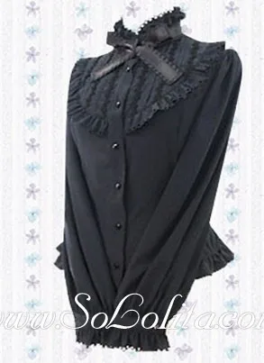 Черная классическая дизайнерская блузка с бантом и воротником-стойкой в стиле Лолиты