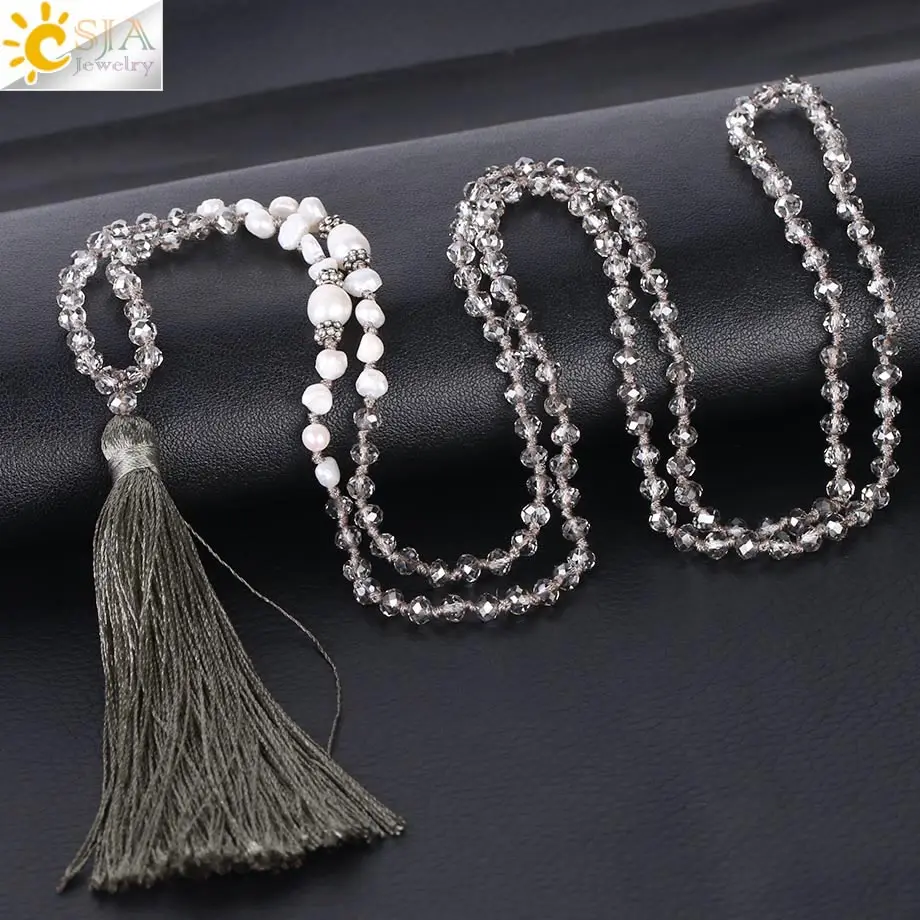 

CSJA Knotted Bead Necklace Glass Crystal Faceted Stone Solid Natural Pearl Long Brown Tassel Pendant Necklaces Jewelry Gift S057