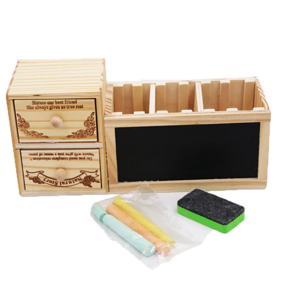 

With Blackboard Cute Slot Wooden Storage Box Multifunction Container Pen Holder Kawaii Office Accessories Tidy Desktop Organizer