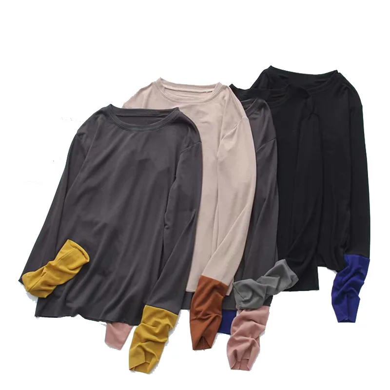 

Spring Women Spliced Sleeve women tops Blouse O-Neck Ladies Slim Cotton blusas Spring Woman Fashion womens tops and blouses