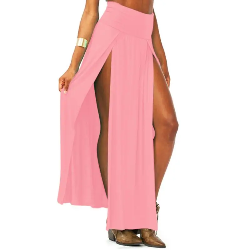 Женская сексуальная Длинная юбка макси с завышенной талией и двойным разрезом спереди, однотонная плиссированная Пляжная бикини с неровным подолом - Цвет: Розовый
