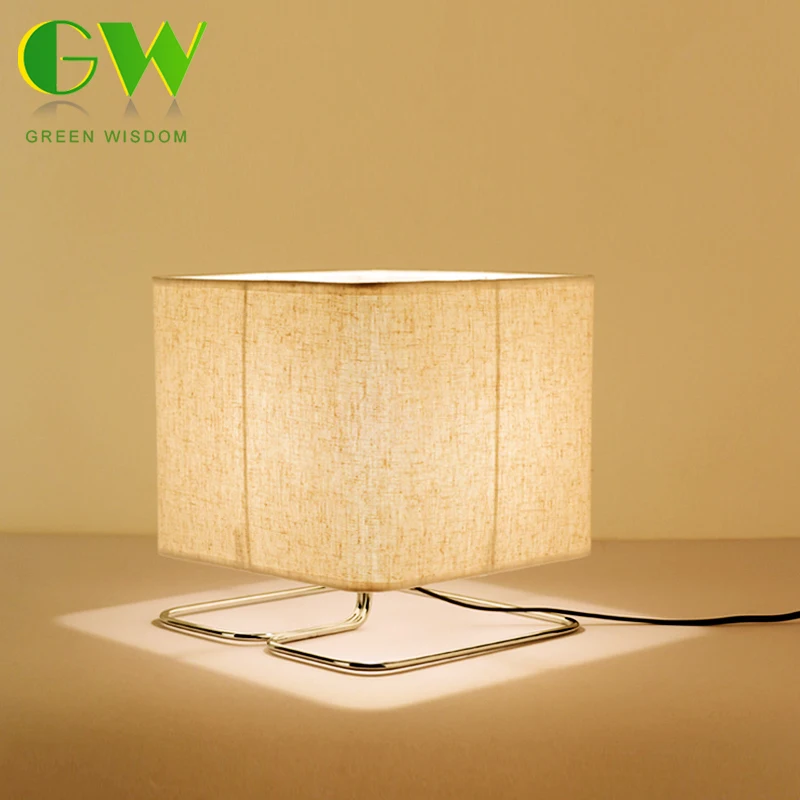 LED Wooden Table Lamp Square Wood+Fabric Art Modern Desk Lamp E27 Holder LED Bulb for Bed Room/Living Room Decoration