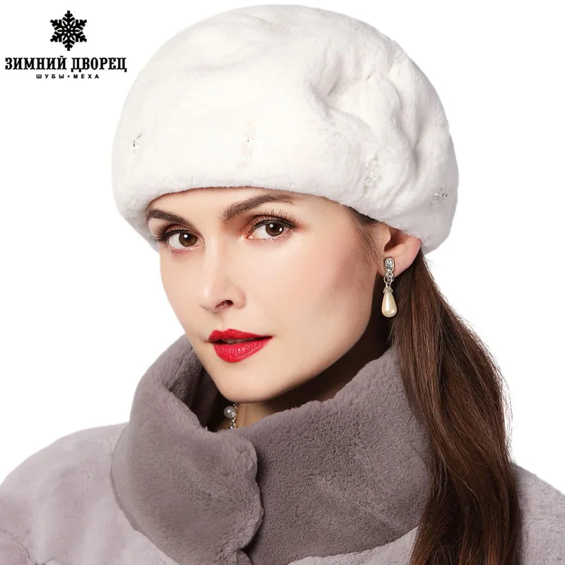 Женская зимняя шапка из кроличьего меха, модный дизайн, кожаный кролик, шляпа Мозаика кирпич, Рекс теплые зимние шапки, модные женские круглые шапки - Цвет: white  T9