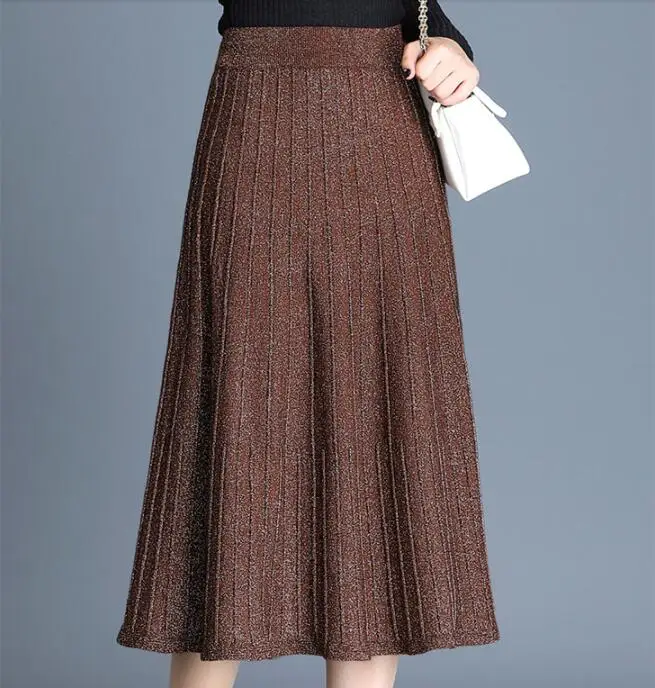 Осенне-зимняя длинная трикотажная юбка Женская корейская мода серебряная люрекс блестящая Высокая талия плиссированные юбки миди длина