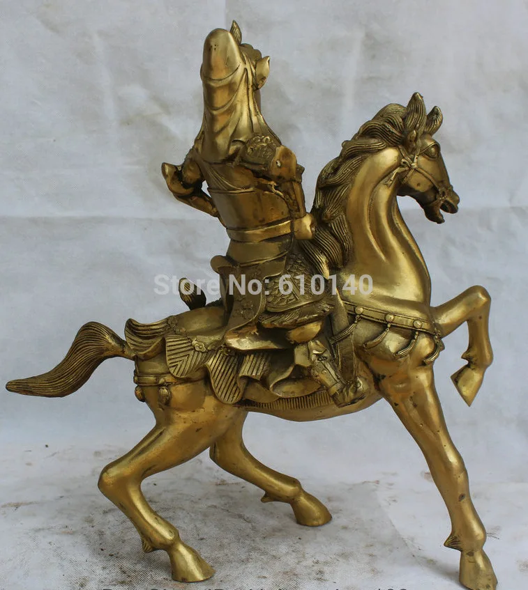 

16" Chinese Brass General Guan Gong Yu Warrior God Ride Horse Statue Sculpture