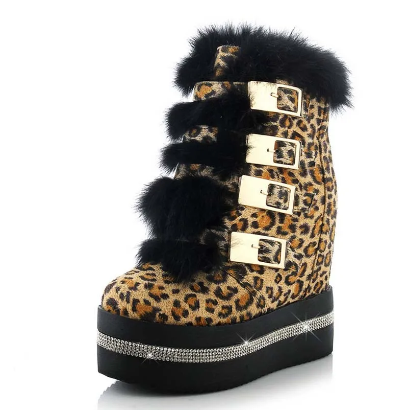 

ENMAYER Leopard sexy wedges Women Boots Shoes New Round Toe Buckle Strap High Boots Winter Platform Ankle Boots 3 colors shoes