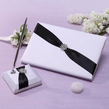 

Classic Black & White Rhinestones Wedding Guestbook & Pen Set