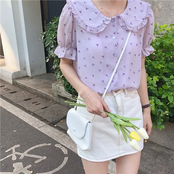 

Cutie! Summer Baby Doll Collar Ruched Hem Chiffon Shirt Women Blouse Kawaii Top Chemise Femme Chemisier Blusa Mujer Camisa