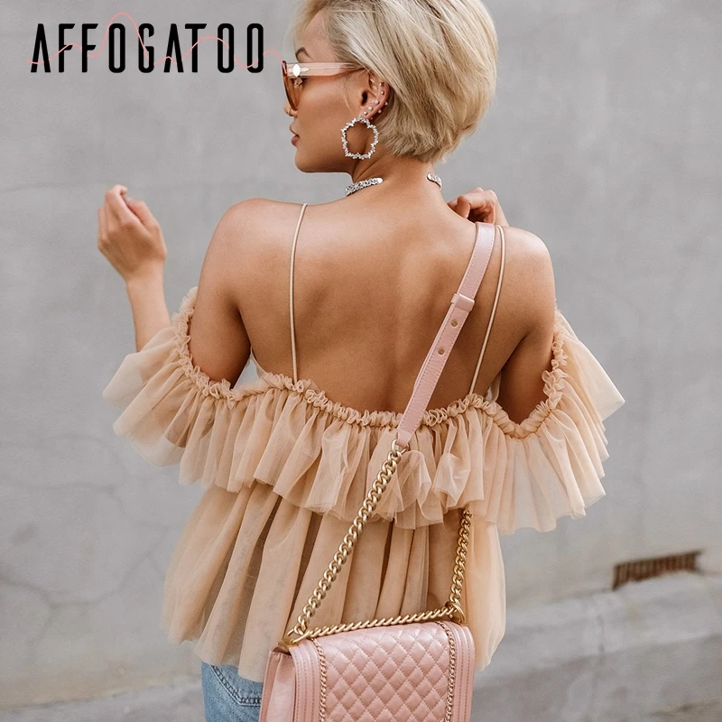  Affogatoo Sexy deep v neck backless vintage women summer blouse Elegant ruffle off shoulder shirt t