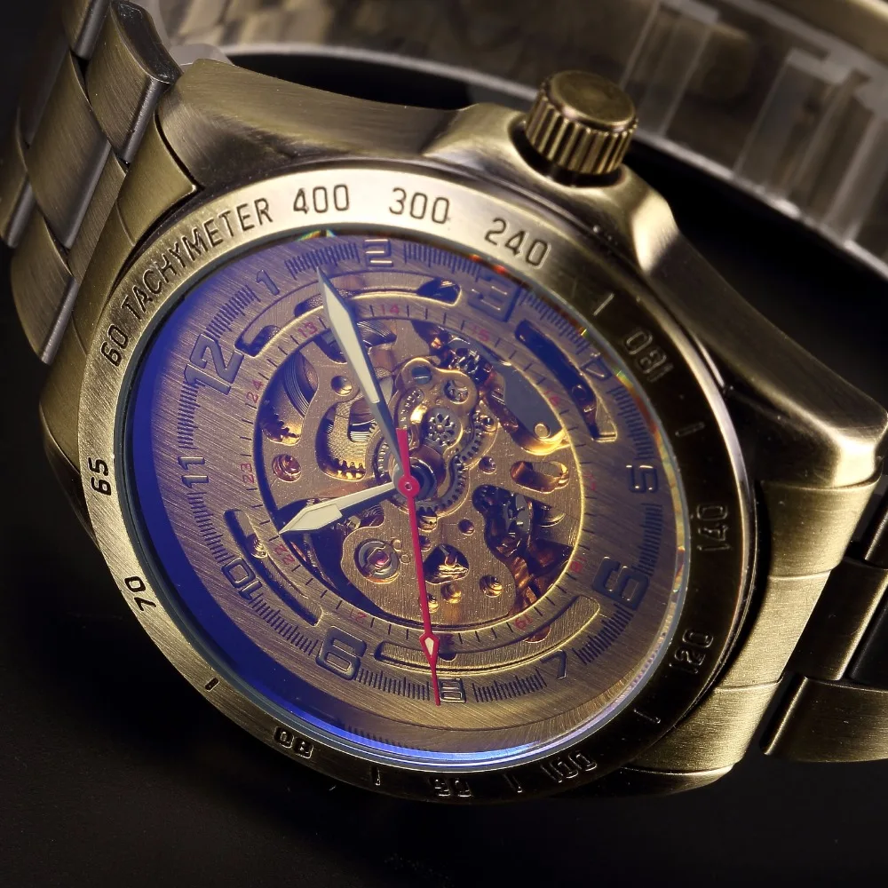 Винтажные бронзовые автоматические часы мужские часы-скелетоны в стиле стимпанк прозрачные механические мужские часы полностью металлические часы montre homme