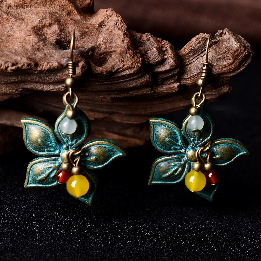 

Copper flowers vintage earrings, New Original handmade Aventurine dangle earrings ,New yellower nature stones ethnic earrings