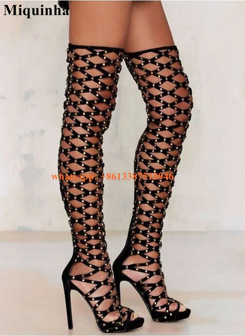 New Fashion Women Open Toe Black Spike Over Knee Gladiator Boots Cut-out Cage Design High Heel Long Boots Dress Shoes