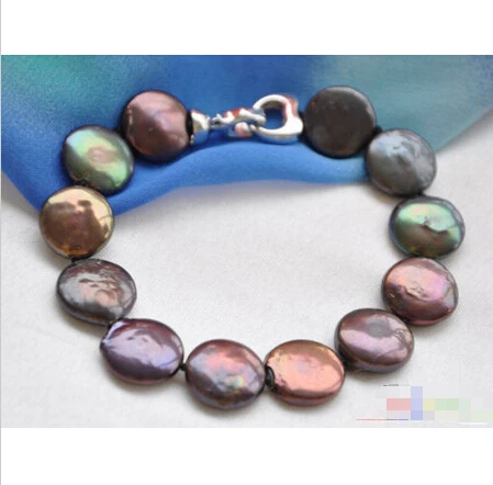 

Free shipping >>>>>>P4027 8" 14mm black coin freshwater pearl bracelet