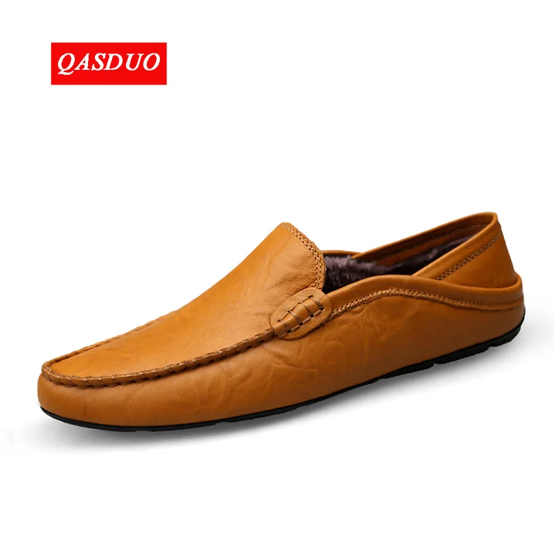QASDUO/итальянская мужская обувь; повседневные Роскошные брендовые зимние теплые мужские лоферы; мокасины из натуральной кожи; дышащие водонепроницаемые Мокасины без застежки