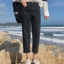 Женские джинсы с высокой талией, черные, синие, по щиколотку, джинсовые штаны, весна-осень, прямые джинсы, повседневные свободные брюки с карманами