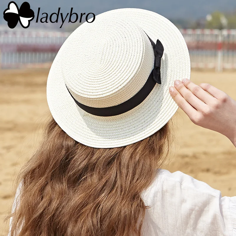 Ladybro 2017 Summer Women Boater Beach Hat Female Casual Panama Hat Lady Brand Classic Bowknot Straw Flat Sun Hat Women Fedora