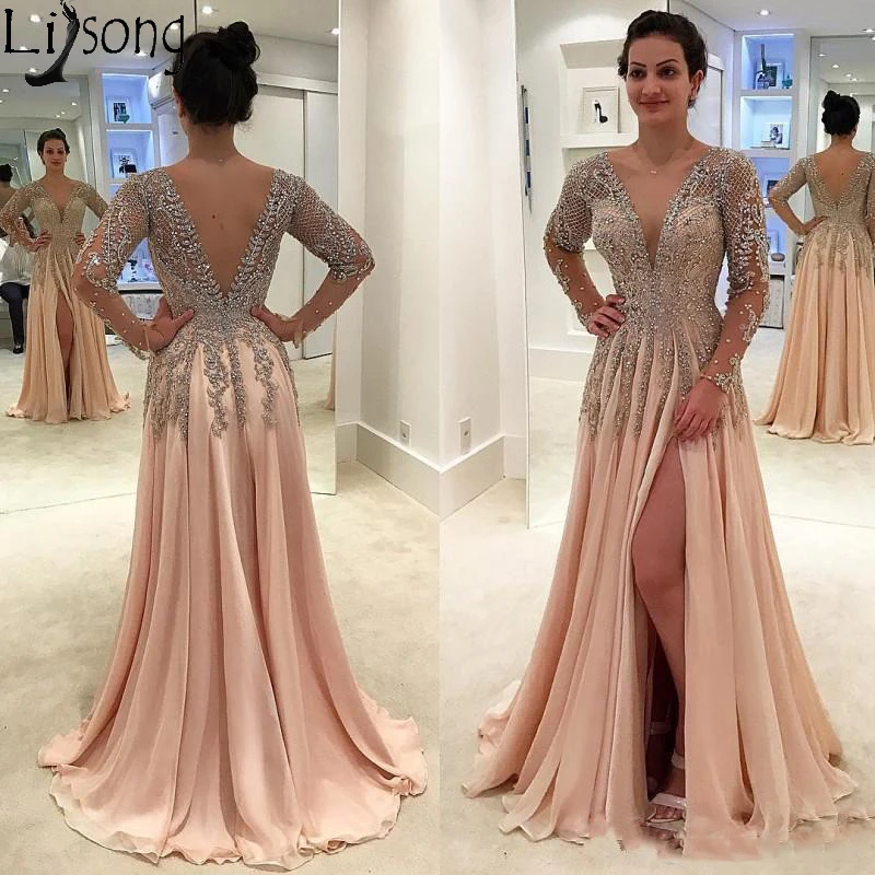 

Gorgeous Crystals Beaded Long Prom Dresses Party Wear Deep V Neck Side Split Evening Gowns Chiffon Long Sleeve Formal Dress