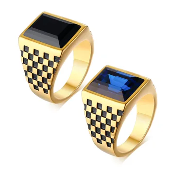 

Men's Stainless Steel Black/Blue Glass Stone Man Ring Size 12 Male Chessboard design Gold Color Ring