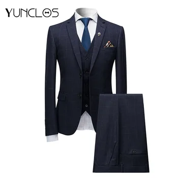 

YUNCLOS 3 Pieces Men Business Suits Formal Slim Fit Suits Tuxedos for Men Plaid Print Wedding Suits Party Dress Terno Masculino