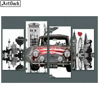 

1 set of 4pcs diamond painting taxi car bus pattern full square diamond embroidery 3d round drill wall sticker