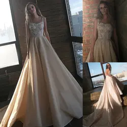 Winsome A-Line Свадебные платья с бисером кружева аппликации и пояс шампанское кружевное свадебное платье vestido de noiva curto