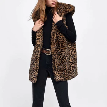 

Women-s Faux Fur Hooded Waistcoat-s Leopard Long Vest Autumn Animal Printed Slim Colete Girls Winter Warm Vintage Brown Jackets