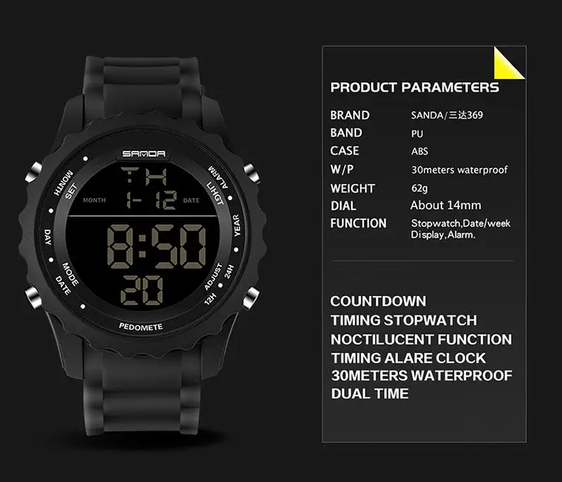 SANDA Модные мужские спортивные часы водонепроницаемые уличные цифровые часы с шагомером часы для плавания и дайвинга Reloj Hombre Montre Homme 369