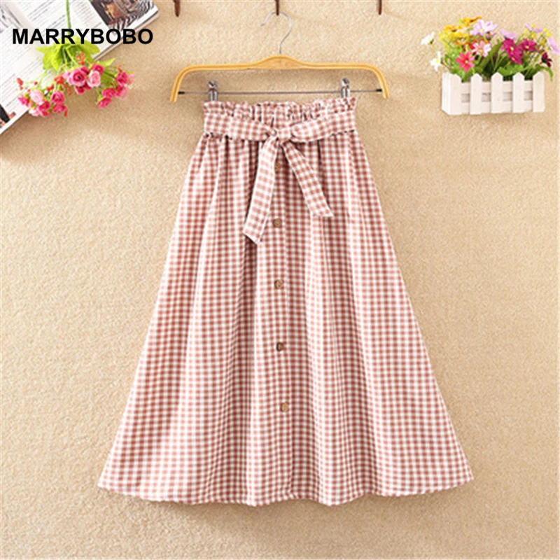 Летние женские клетчатые юбки с высокой талией повседневные юбки-дна до колена плиссированный материал корейские элегантные юбки с бантом А-силуэта длинная юбка