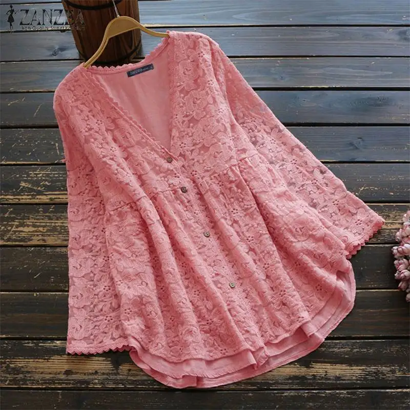 Skup ZANZEA 2019 Sexy kobiety koronki kardigan kimono na co dzień z długim rękawem bluzka z długim rękawem przyciski dół koszule wiosna lato panie tunika Blusas 5XL