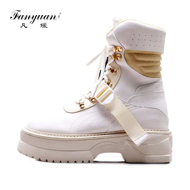 

fanyuan Spring/Autumn Microfiber Ankle Boots Round Toe Women Boots Belt Buckle Motorcycle Boots Solid Lace-Up Platform Boots