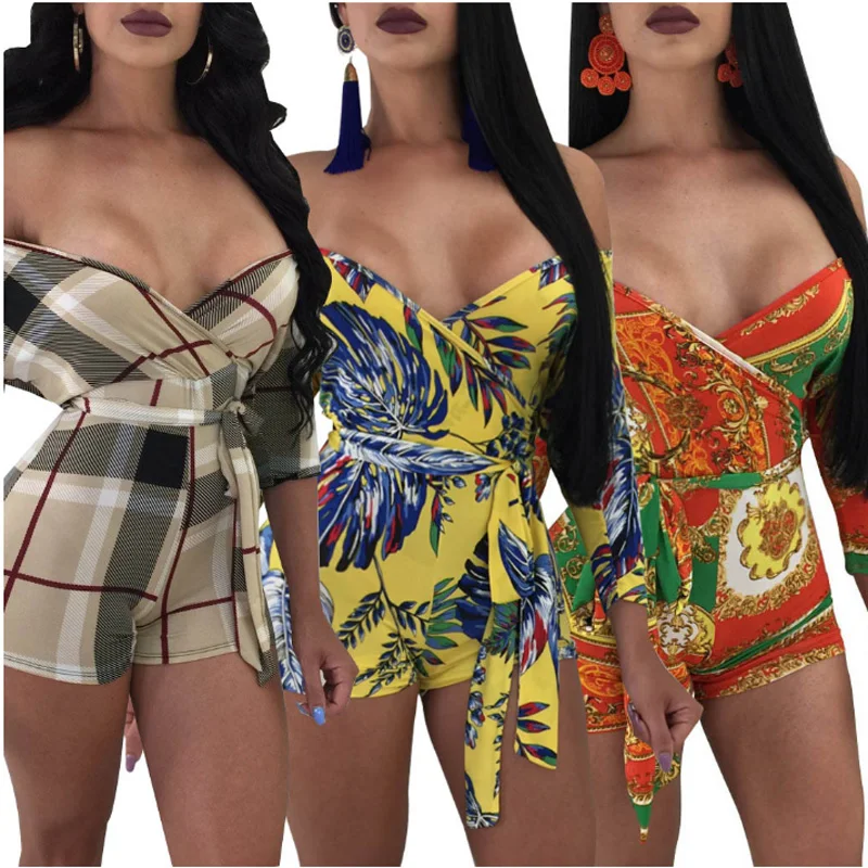 

Women One Piece Set V-Neck Outfits Jumpsuits Half Sleeve Printed Bodycon Short Mini Pants Rompers Night Club Suit With Belt