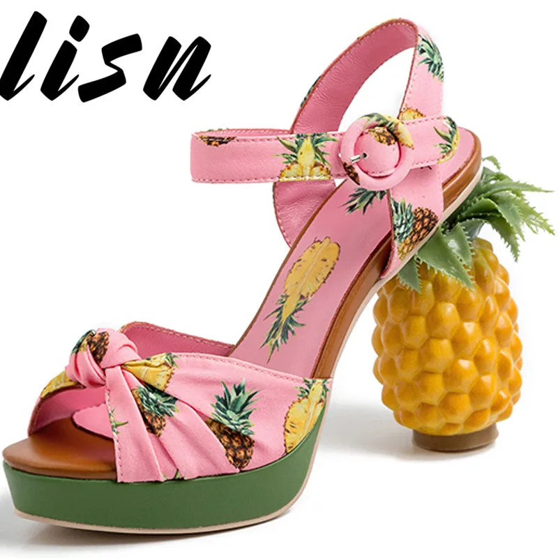 

LISN New Pineapple Design Open Toe Summer Sandals Printed Foral HIgh Heels Sandals Shoes Women