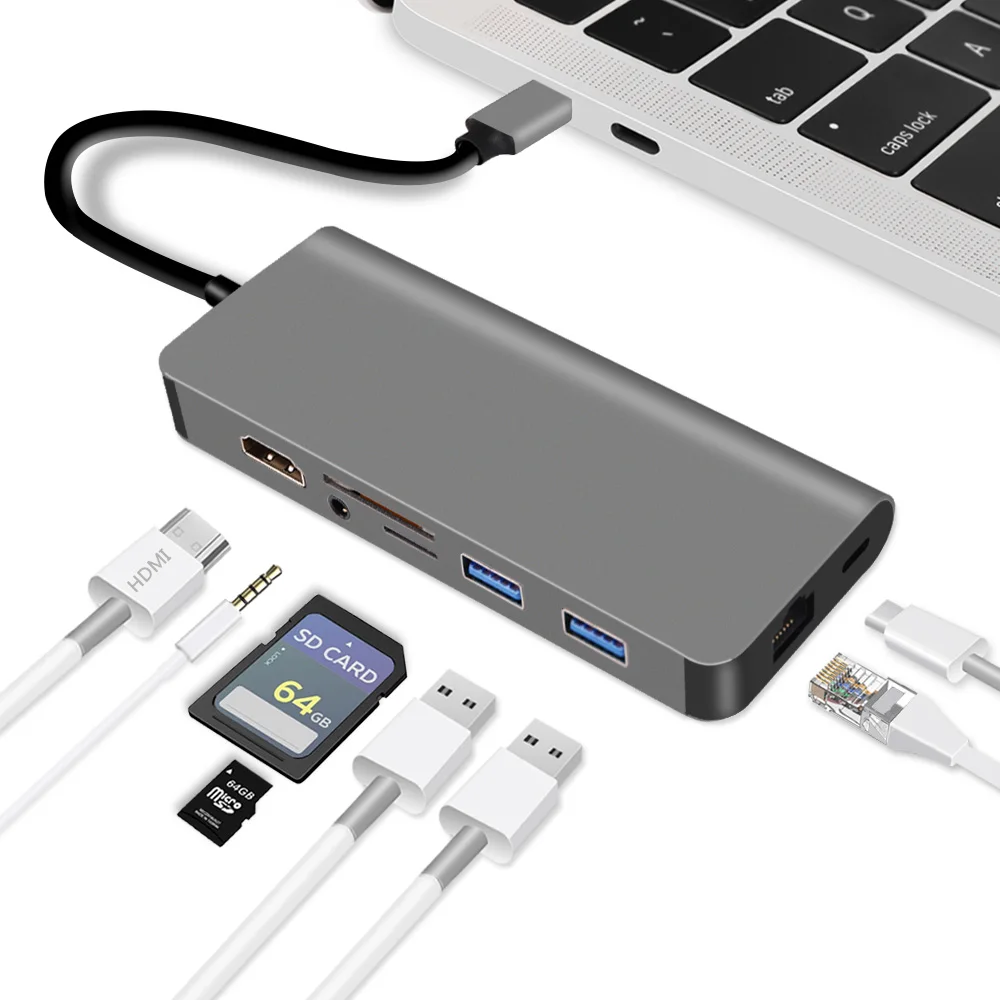 Redlai USB C концентратор type C концентратор для HDMI 3,5 мм аудио RJ45 USB 3,0 PD SD/TF кардридер адаптер для MacBook 1" Air Pro 13 15 дюймов - Цвет: Space grey