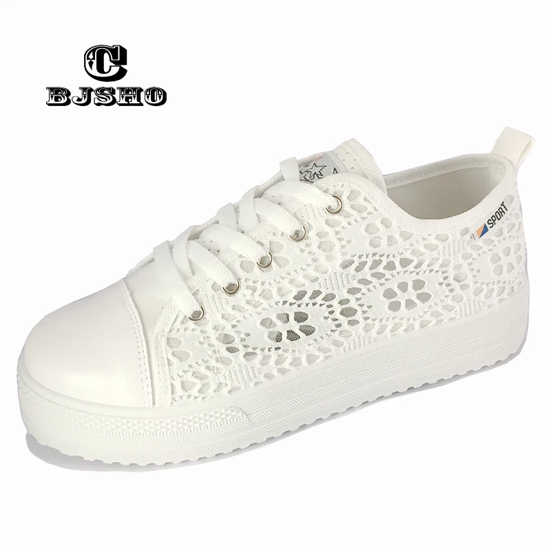 

CBJSHO Breathable Lace Summer Women Casual Shoes White Canvas Hollow Women Platform Flat Shoes Vulcanize Female tenis feminino