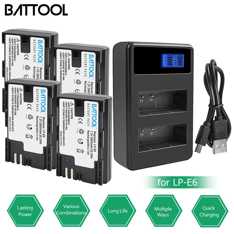 Battool LP-E6 LP E6 Батарея LCD Dual Charger комплект 2600 мАч 7,2 V для Canon 7D Mark II Камера для EOS 60D 70D 80D для EOS 5D Mark II