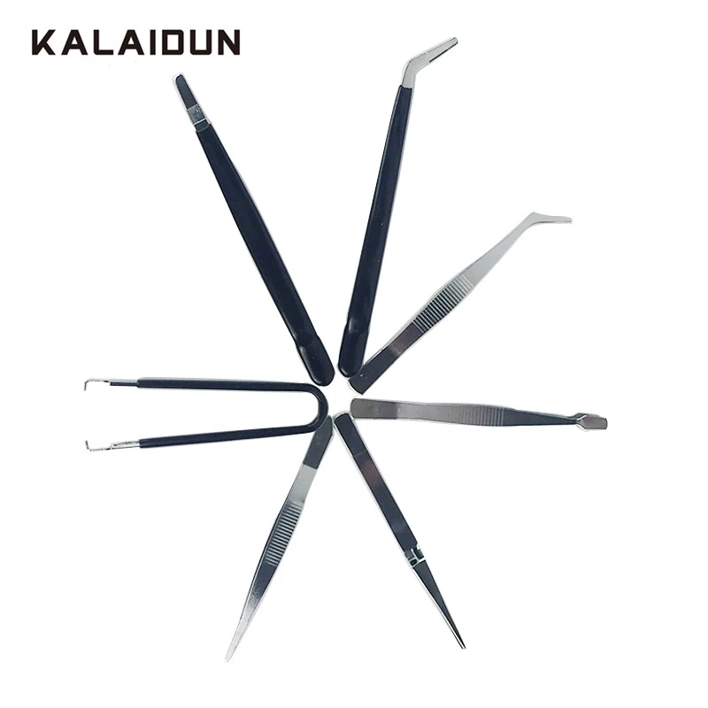 

KALAIDUN Tweezers Set 7pcs Stainless Steel Anti-static Computer Mobile Phone Repair Tweezers Elbow Electronic Pliers Hand Tools