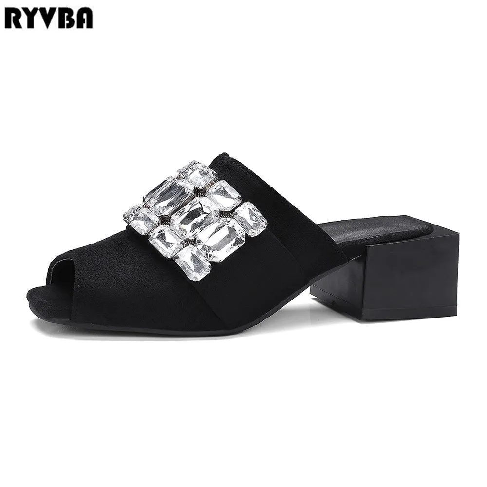 

RYVBA 2019 women sandals woman square heels summer shoes ladies nubuck slippers slides sandalias de verano para mujer feminina