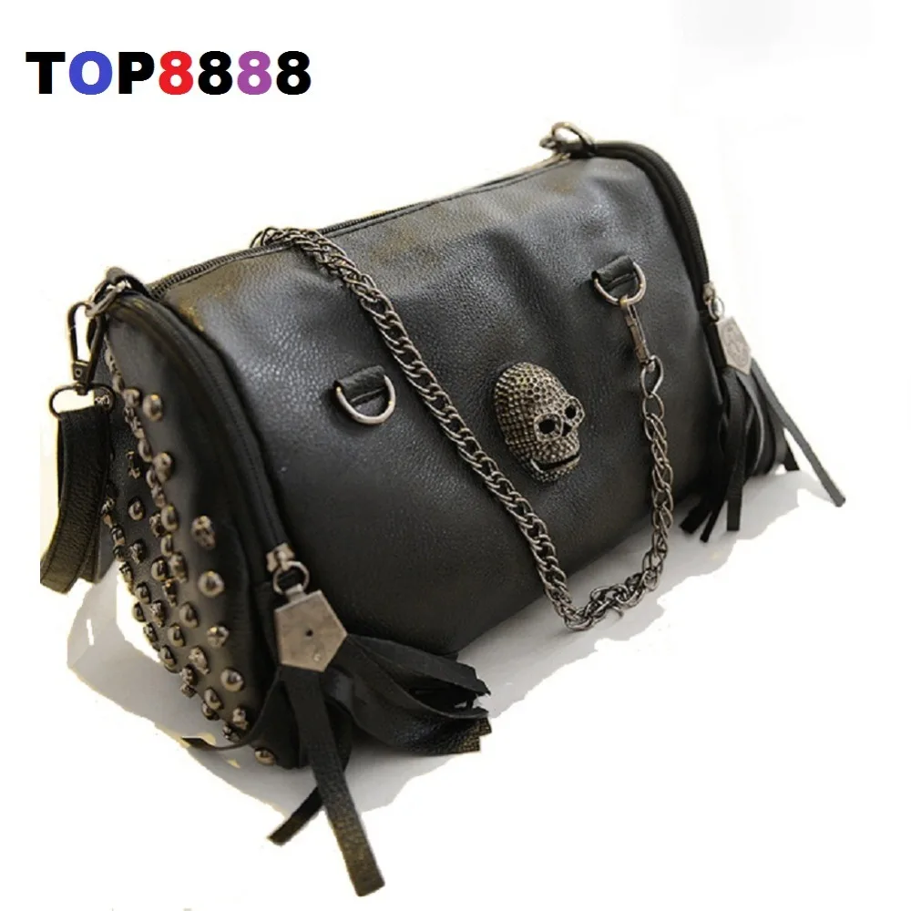  2017 Unique Black Bags  Cool Lady Rivets Vintage Shoulder Bag Casual Women Skull Handbags Fashion Tassel Messenger Bags H143-2 