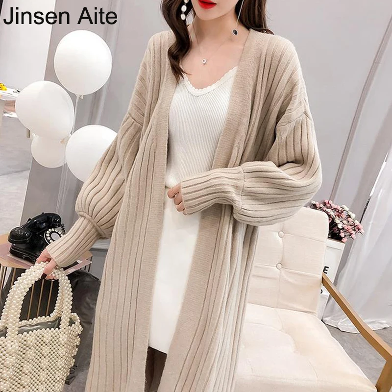 

Jinsen Aite New Winter and Autumn Women's Vintage Loose Knitted Long Cardigan Solid Large Size Female Sweater Jacket Coats JS26