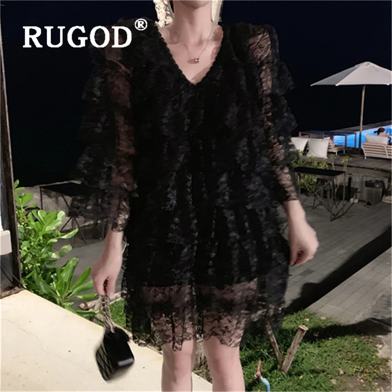 RUGOD элегантное многослойное кружевное милое женское платье с рюшами модное Сетчатое платье с v-образным вырезом женские вечерние платья vestidos de verano летние платья