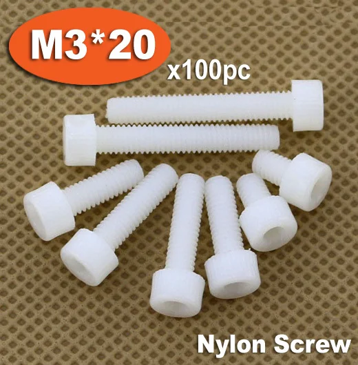 100pc DIN912 M3 x 20 White Plastic Nylon Screw Hexagon Hex Socket Head