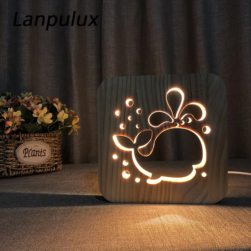 Lanpulux деревянные светильники в виде животных светильники 3D Динозавр кошка КИТ Осьминог полый настольная лампа ручной работы Креативные ночные светильники праздничные подарки