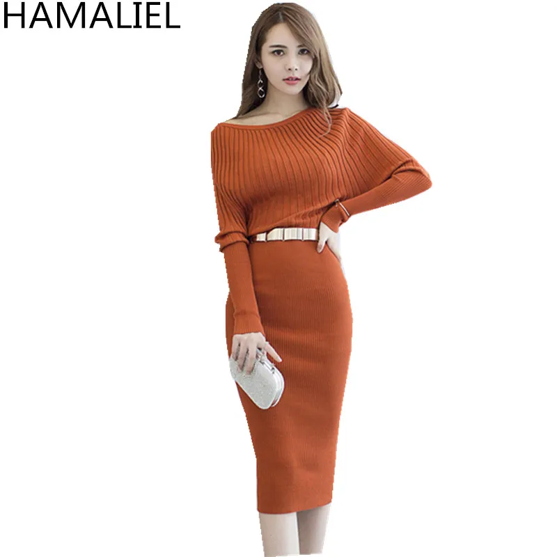 

HAMALIEL Autumn Winter Pencil Knitting Dress 2018 Fashion Women Sheath Knitted Orange Batwing Sleeve Office Pencil Party Dresss